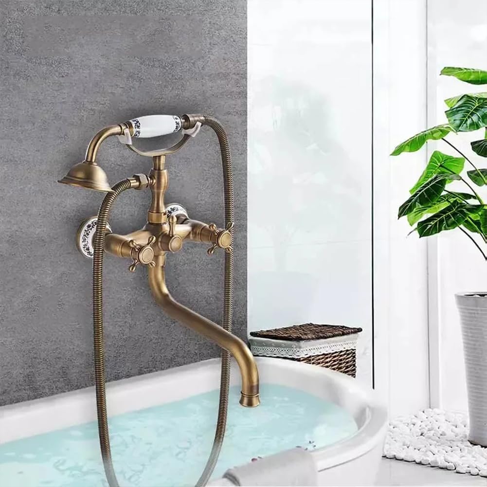 Rubinetto Vasca Con Doccetta A Parete - Ottone Antico Stile Retrò Bocca Girevole 90° - Foto 7