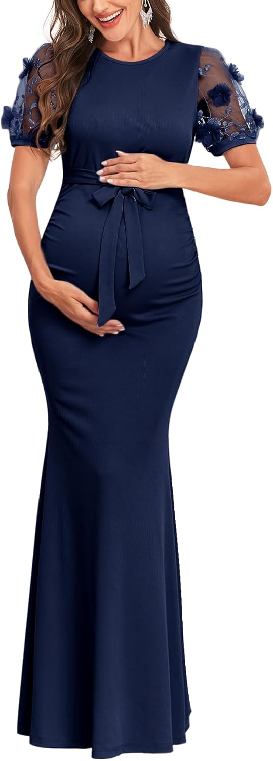 Maternity Mermaid Maxi Dress Elegant 3D Floral Mesh Sleeve Ribbed Knit Gown with Belt for Baby Shower Photoshoot