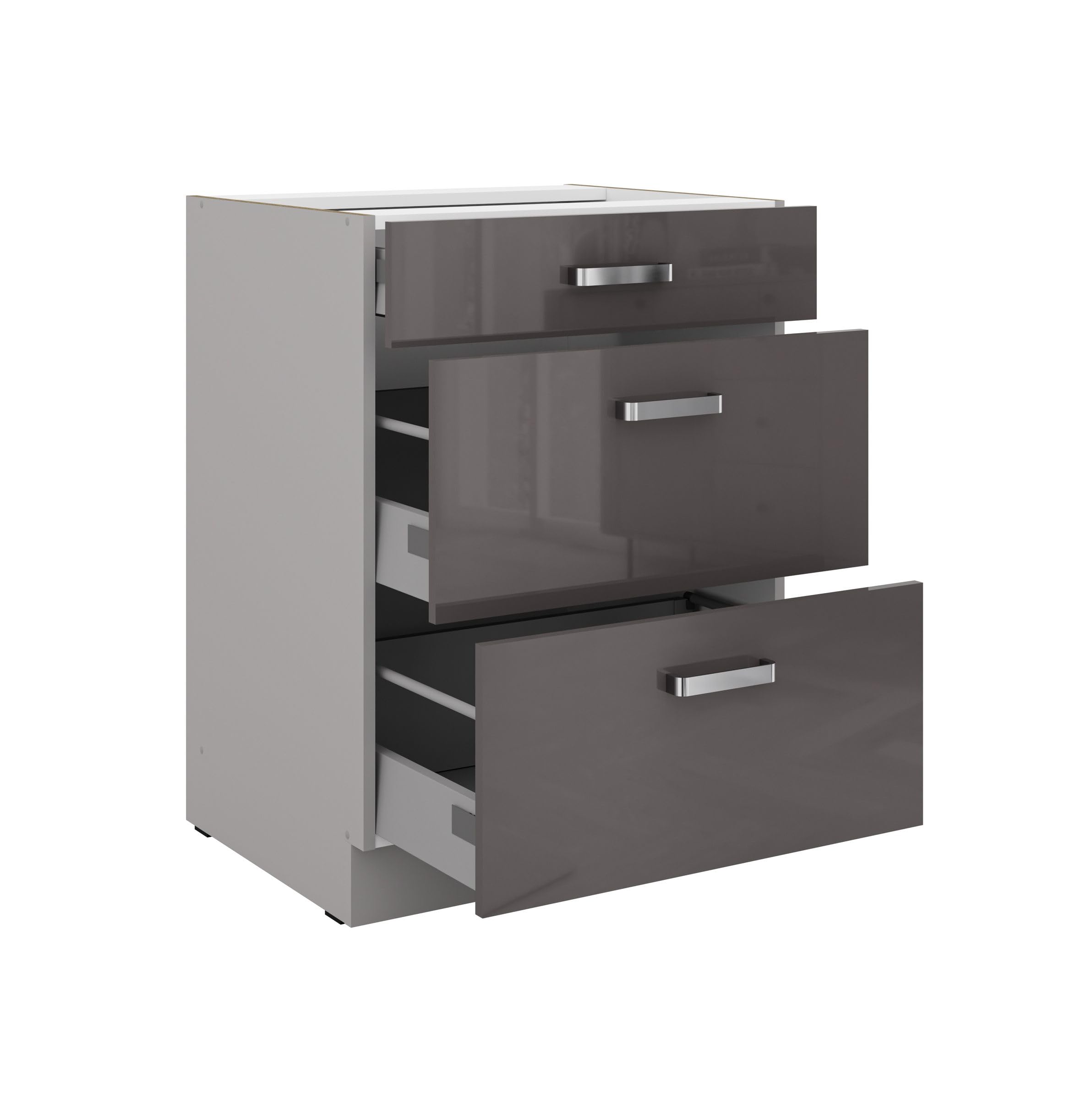 Küchen Unterschrank 60 cm Grau Hochglanz Vollauszug Soft-Close Küche Grey Bianca