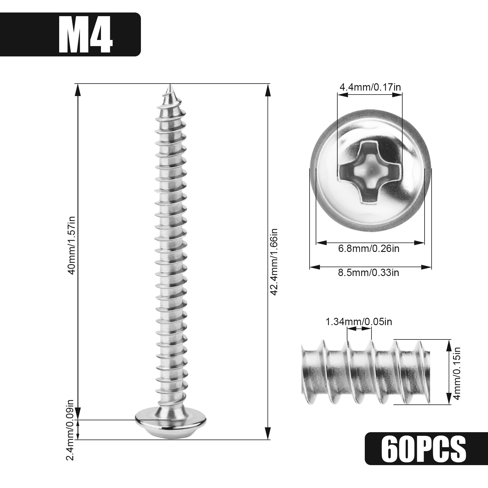 KGGZKG 60 Pcs Pan Head Screws M4x40x8.5mm Phillips Wafer Head 304 Stainless Steel Wood Screws Self Tapping Screws Multi Purpose Round Dome Head with Washer for Construction Hardware Silver - Image 2