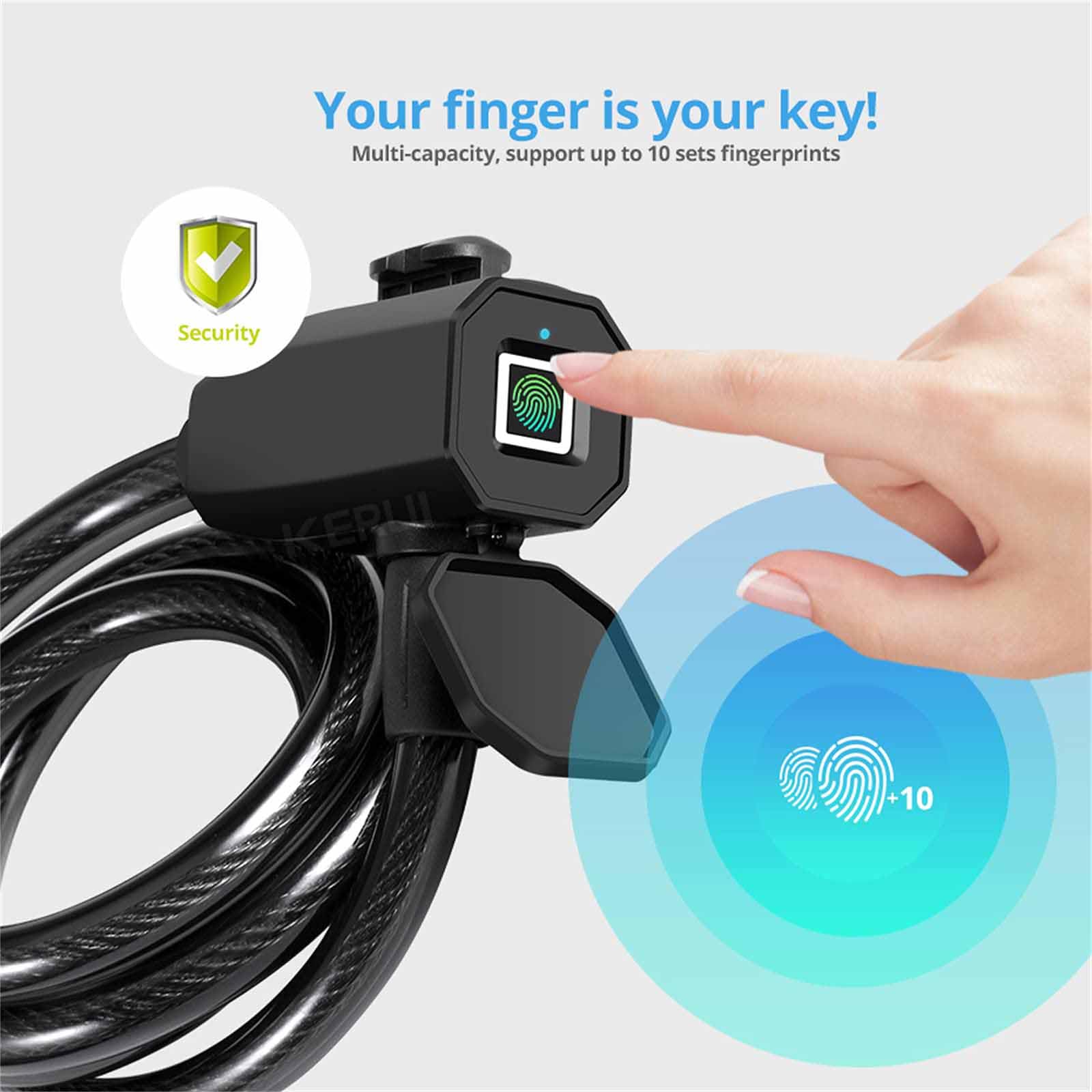 Lucchetto per Bicicletta con Impronta Digitale Intelligente - Supporta 10 Set di Impronte Digitali / 3 Metodi di Sblocco/Ricarica USB - Lucchetto Antifurto in Acciaio da 1,2 Metri,Black