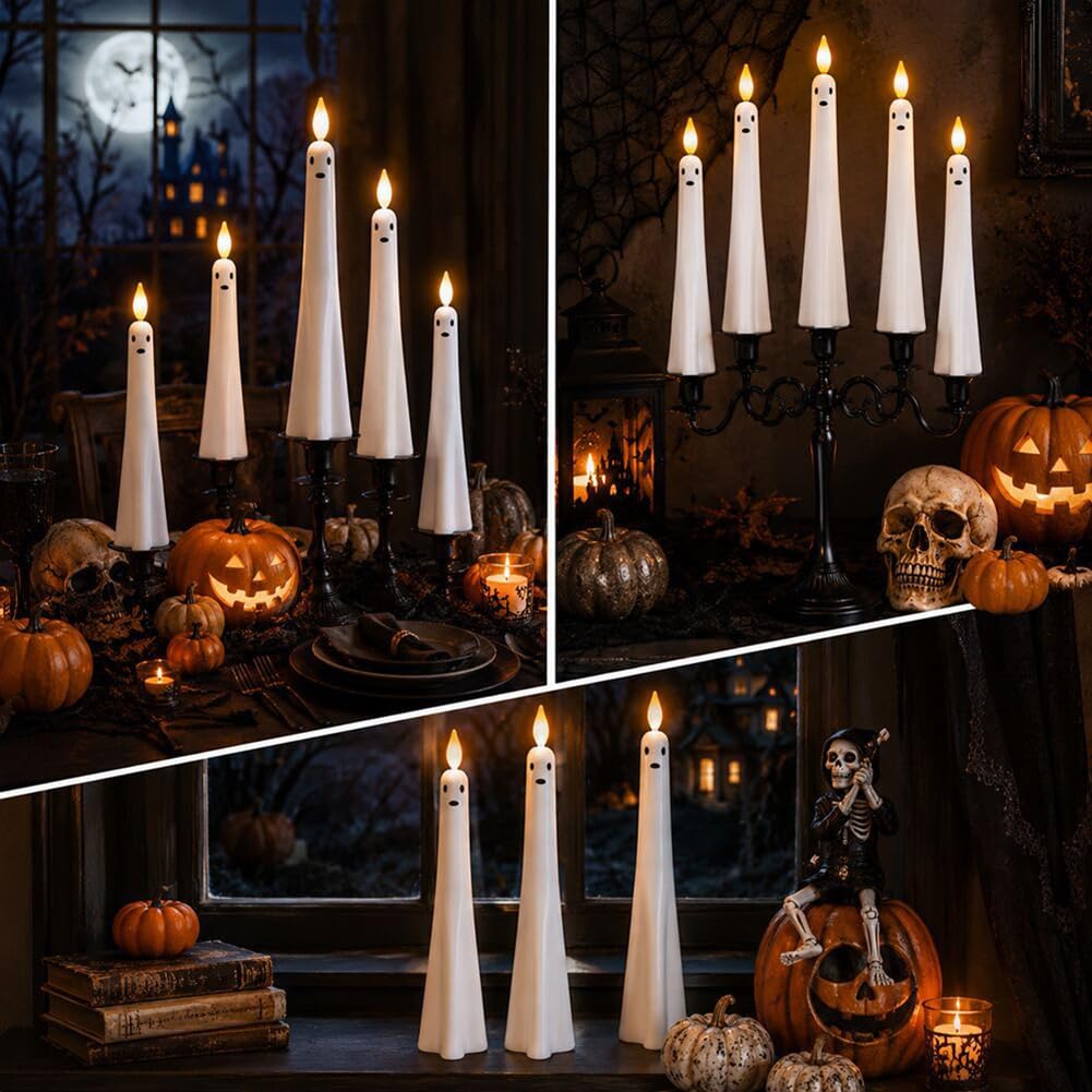 Bezpłomieniowe świece stożkowe na Halloween, z czujnikiem, zasilana bateryjnie świeca LED z migoczącym efektem płomienia, do dekoracji domu, na święta, imprezę (bez baterii), 12 szt