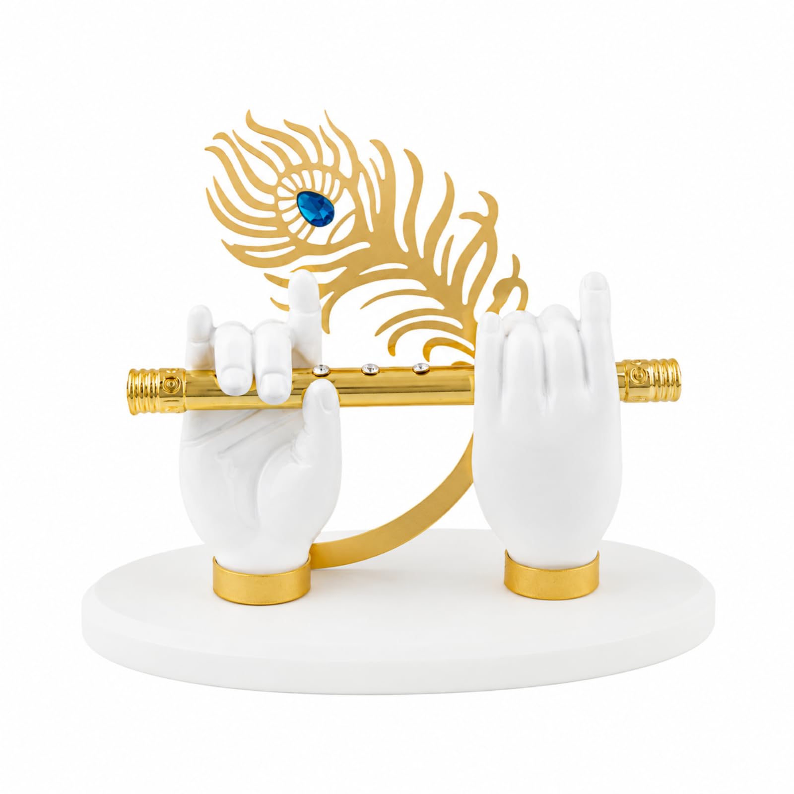 Lord Krishna Flute Hand Showpiece, Resin Peacock Feather Decorative Idol, White Gold Home Decor Statue for Temple, Living Room, Office, Housewarming & Festive Gift-image-10