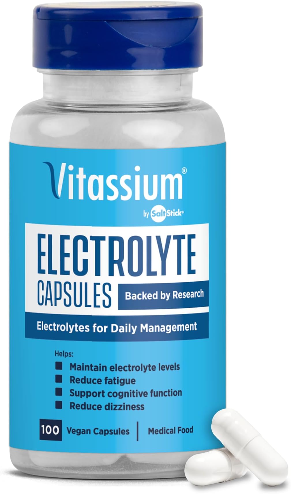Vitassium Capsules - Daily Salt Pills for Dysautonomia Management (500mg Sodium & 100mg Potassium) - Non-GMO, Unsweetened Electrolytes, Vegan, Preservative & Allergen Free - 100 Capsules