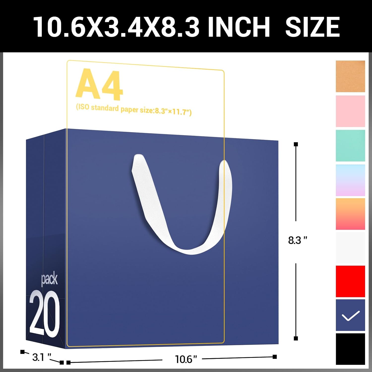 EUSOAR Blue Paper Bags With Handles, 20 pack 10.6"x3.1"x8.3" Kraft Paper Shopping Bag Bulk, Handled Paper Bags, Heavy Duty Sturdy Kraft Gift Package Craft Party Bag