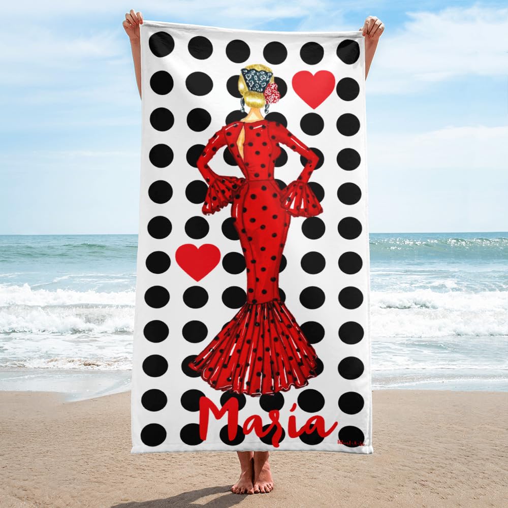 Serviette Personnalisée Flamenco 152x76 cm – María Rouge | Serviette personnalisée flamenco avec prénom, grand format doux pour plage, piscine, danse ou cadeau.