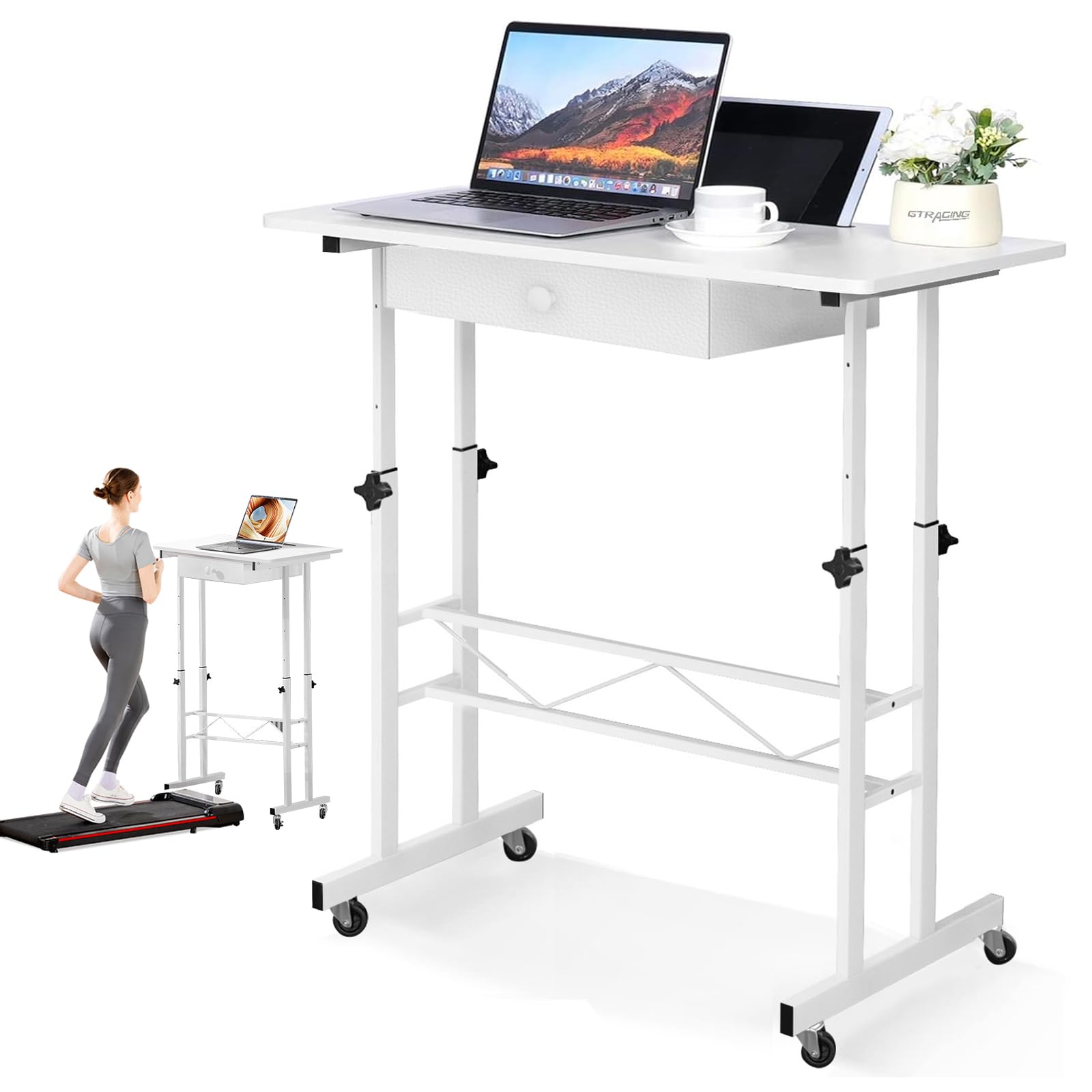 GTPLAYER Small Mobile Standing Desk, 32In Wide Adjustable Height Stand Up Desk for Home Office, Portable Sit Stand Rolling Computer Desk with Wheels Storage Drawer, 4 Legs Walking Laptop Table, White
