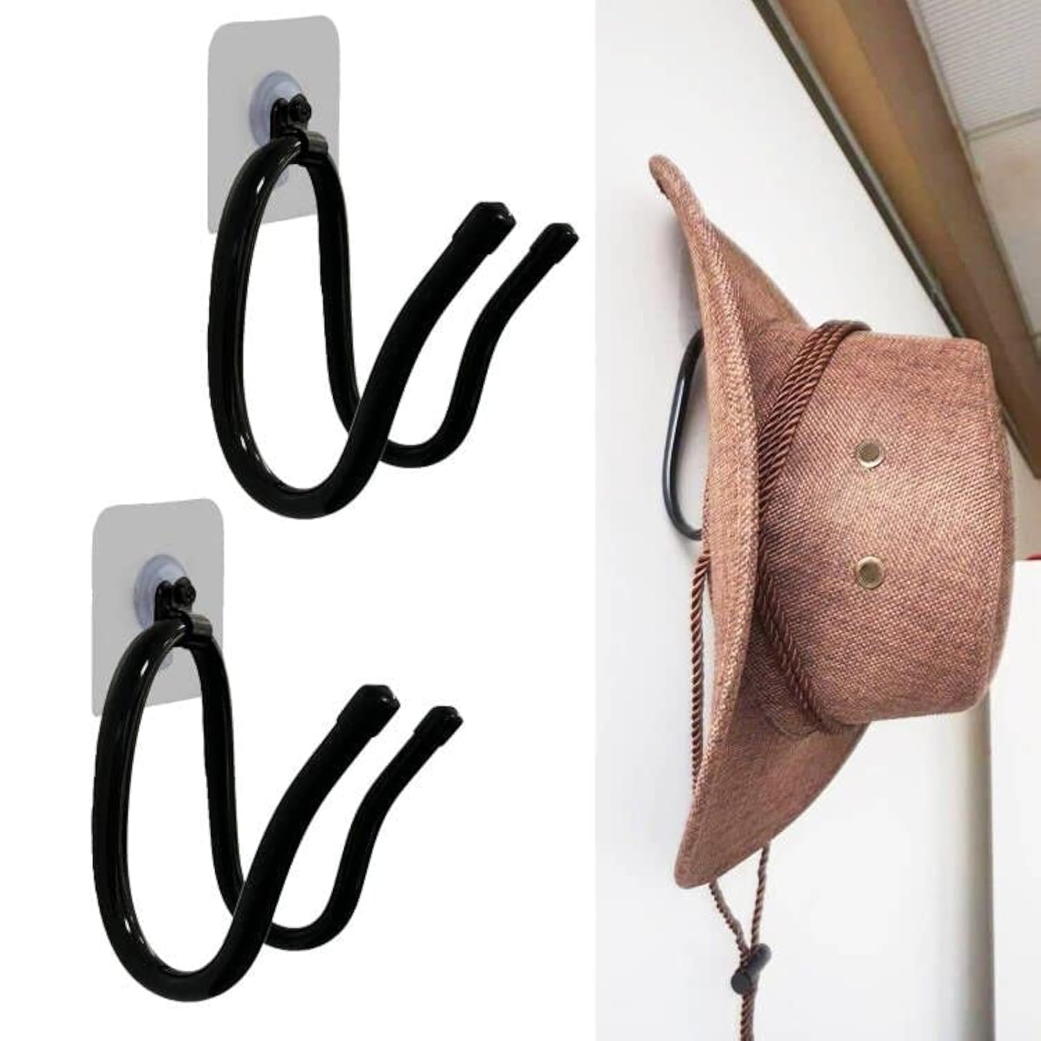 Auxphome Black Cowboy Hat Rack Hat Holder Hat Organizer Wall Mount Display Hat Storage Hook Hat Hangers - No Installation Tool Required, Strong Self-Adhesive - Easily Adjustable- Fit Any Hat - 2 Pack