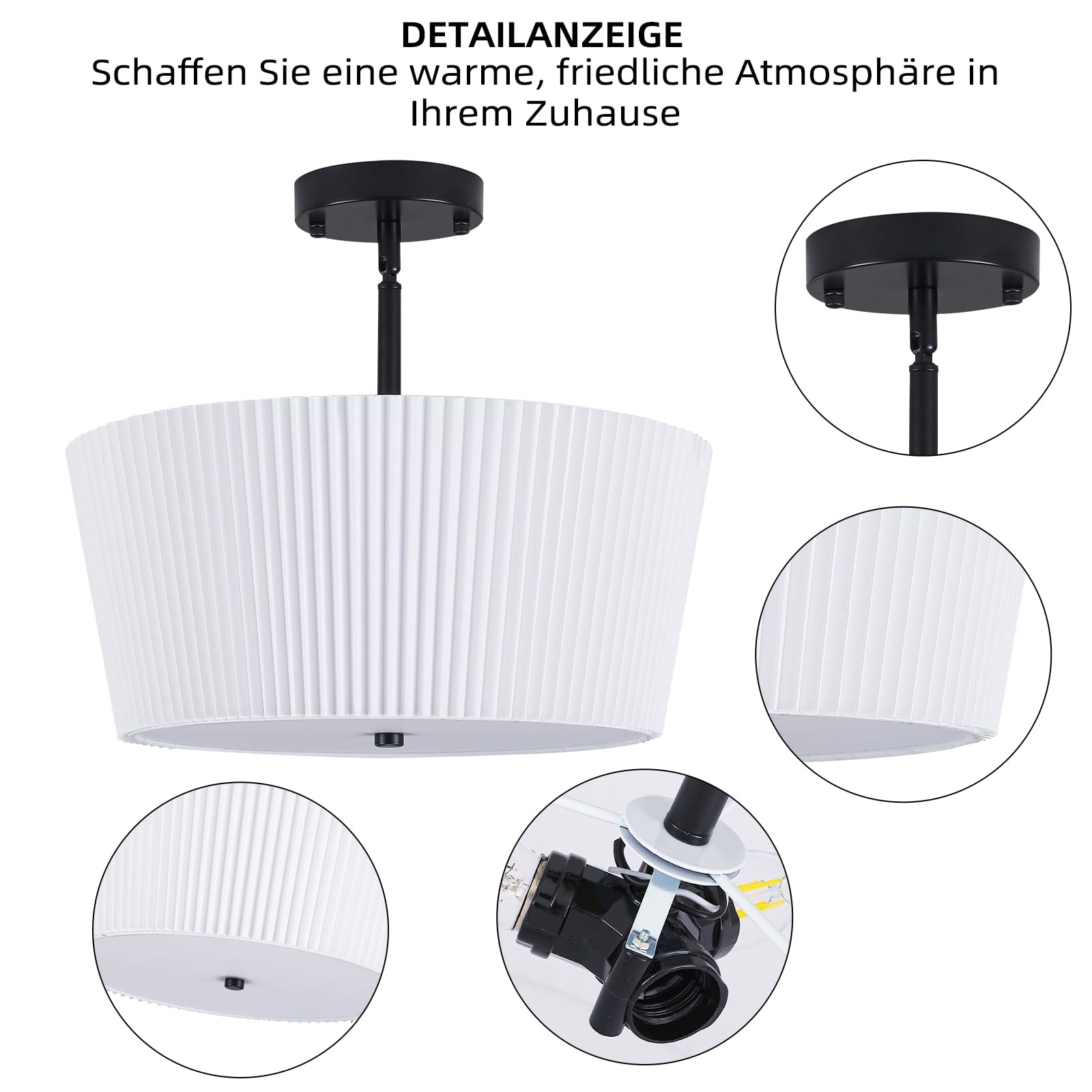 3 Flammig Deckenleuchte mit Stoffschirm Schwarz Trommelleuchte Ø40 cm 40W | Hochwertige Metalle,Moderne Rund Deckenlampe,E27 Fassung,Dimmbar,Weiße Stoff Lampenschirm für Schlafzimmer, Flur, Eingang