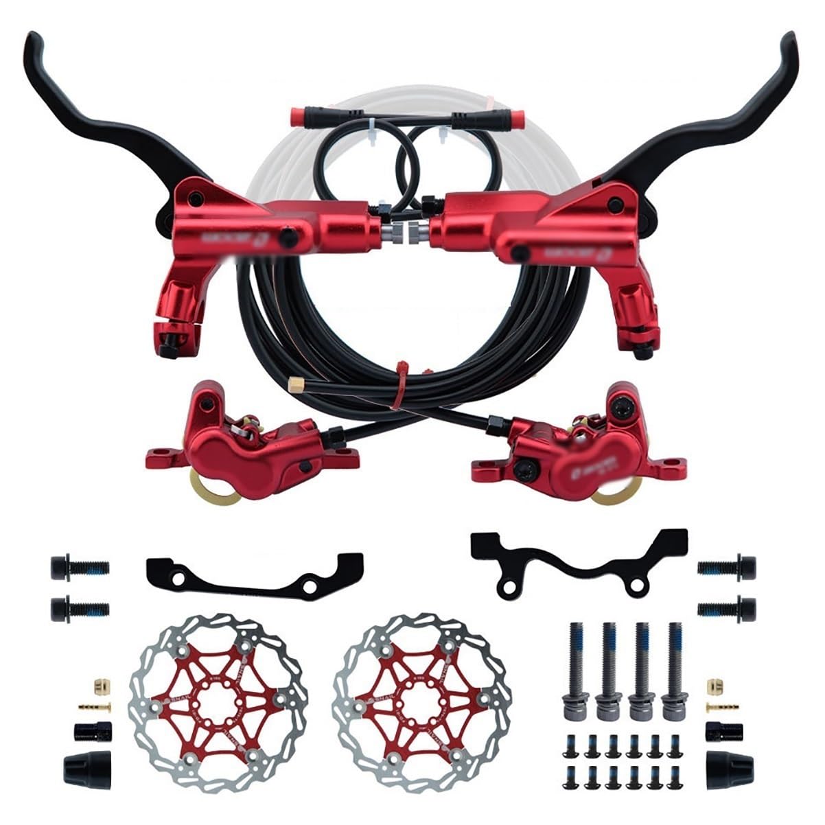 KLWEKJSD E-Bike Hydraulic Disc Brake Set 4-Pistons Power-Off Electric Bike Brake Kit with 2-PIN Sensor Included 160mm Or 180mm Or 203mm Rotors and Mounting Adapter (Color : Red, Size : 180mm)