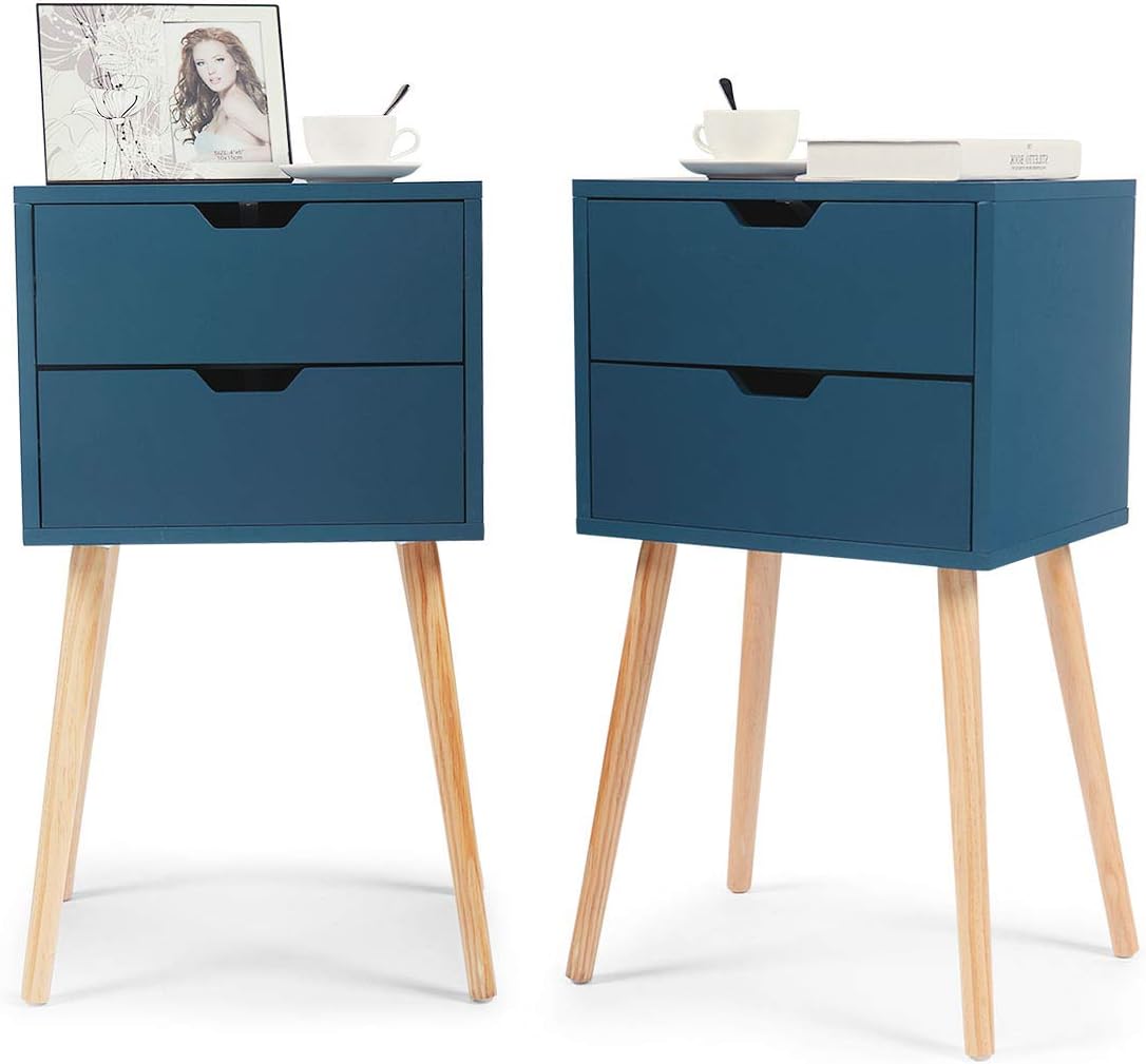 JAXSUNNY Set of 2 Nightstand Accent Bedside End Table Storage Wood Cabinet Bedroom w/2 Drawers,Blue, 28 Inch Tall