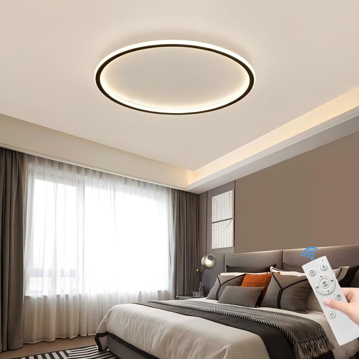 DESHOME Ultra Thin LED Ceiling Light, Modern Black 80cm Circular Emitting Ambience Light, Dimmable 128W Rund Minimalist Semi-Flush Mount Ceiling Light, for Bedroom, Living Room