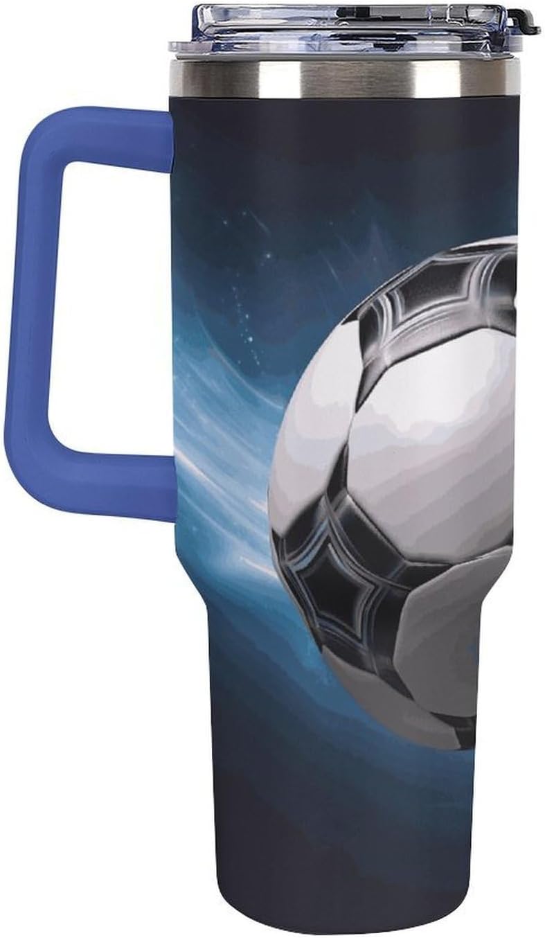 Soccer Ball Travel Coffee Mug Reusable Durable Stainless Steel Insulated Tumbler with Handle And Straw Leak Resistant Portable Thermal Cup Gifts for Men Women 40 Oz