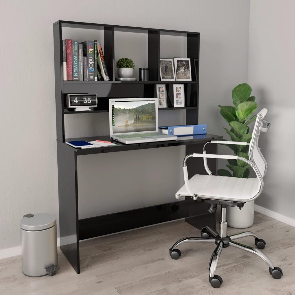 Scrivania con ripiani, nero lucido, 110 x 45 x 157 cm, scrivania da ufficio in legno, design verticale per più spazio, suddivisione moderna per raccoglitori e accessori per PC