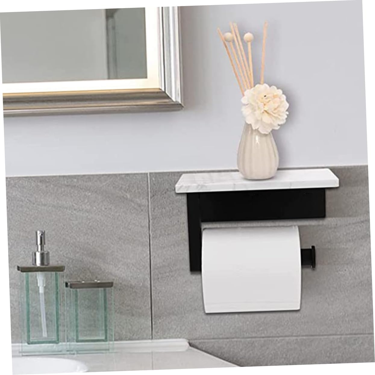 OUNONA Wall Mounted Toilet Paper Holder with Shelf Stainless Steel Marble Tissue Organizer for Bathroom Easy Installation Sturdy Design Multi Functional Storage