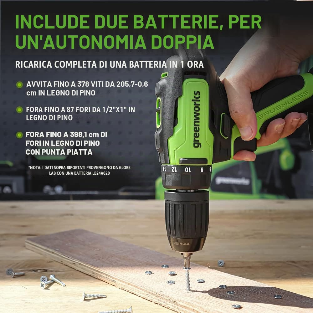 Greenworks Trapano avvitatore a batteria da 24 V, 35 Nm, motore senza spazzole, 18 livelli di coppia, mandrino da 13 mm, cambio a 2 marce, batteria da 2 Ah e caricatore, valigetta