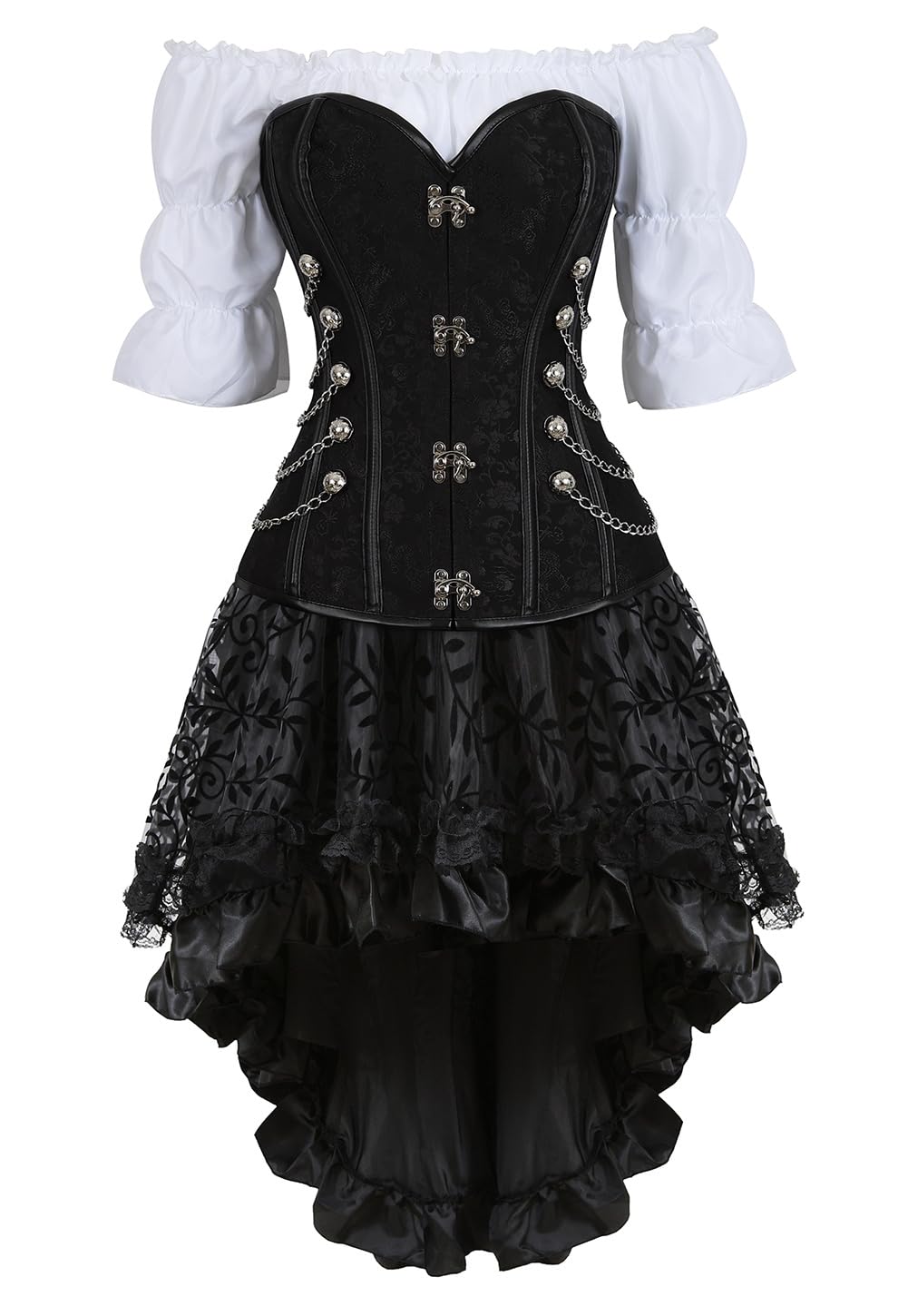Jutrisujo Steampunk Corsage Corsagenkleid korsett Kleid 3 Teiliges Set piraten Kostüm mit Corset Dress Spitzenrock und Bluse für Halloween Schwarz 6XL