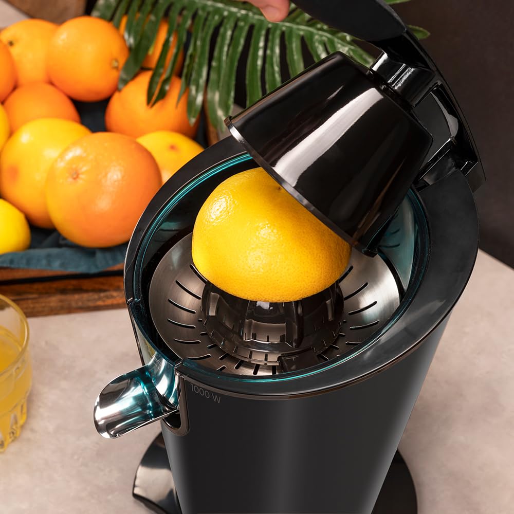 Cecotec Elektrischer Zitruspressen EssentialVita PowerFresh 1000 Black, Leistung 1000 W, Edelstahlfilter, 6 Titanblätter, kontinuierliche Extraktion, Tropfschutz, spülmaschinenfeste Teile
