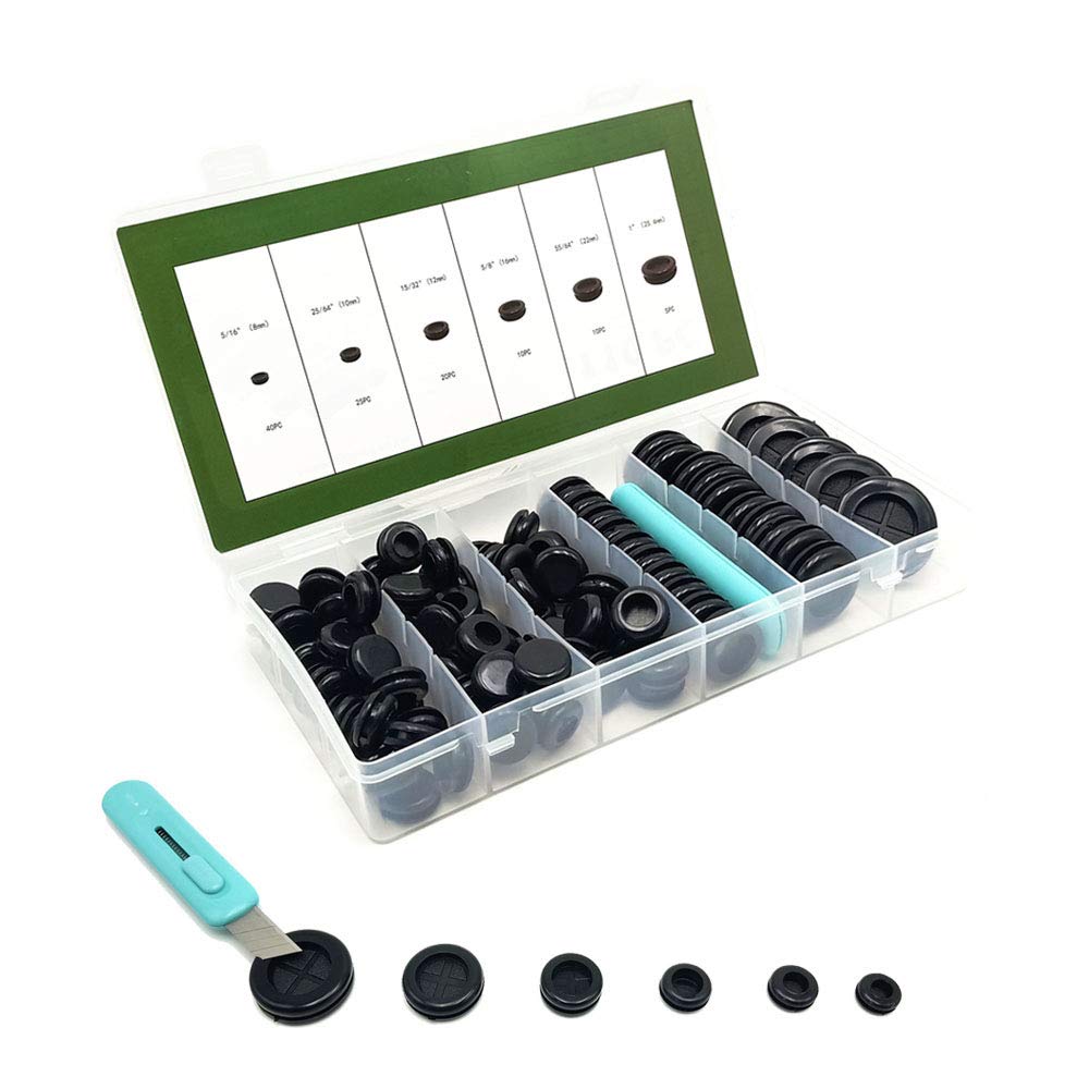 EASYEAH110 Pcs Rubber Grommets Kit - Rubber Plugs for Holes Assorted 6 Sizes 5/16" 3/8" 1/2" 5/8" 7/8" 1", Waterproof Firewall Wire Automotive Grommets Set for Sheet Metal, Hardware Repair