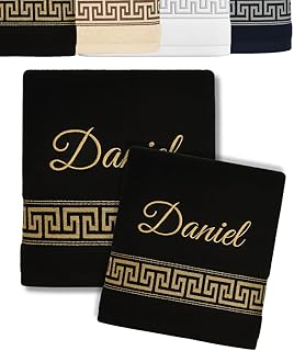 2er Pack Personalisiertes Handtuch und Badetuch mit Namen und dekorativer Stickerei Schön gestickter Name Handbadetuch 100 % Baumwollhandtuch 50x100 cm+140x70 cm Personalized Towel with Name (Schwarz)