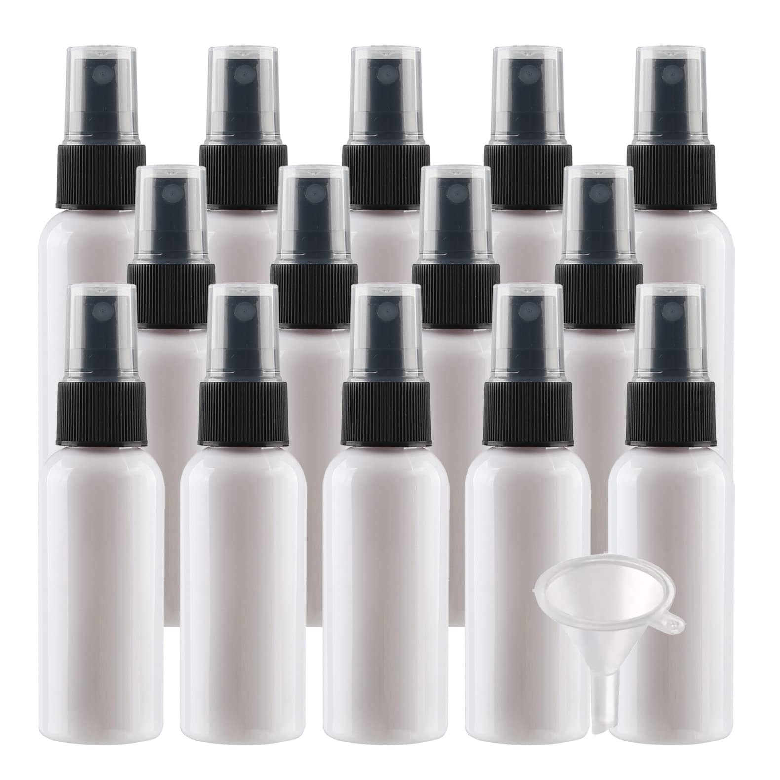 50 Stück Leer 50ml Weiß Plastik PET Sprühflasche Reise Zerstäuber mit Schwarz Sprühkopf, Klein Feinen Nebel Parfümzerstäuber Reiseflaschen mit 4x Trichter