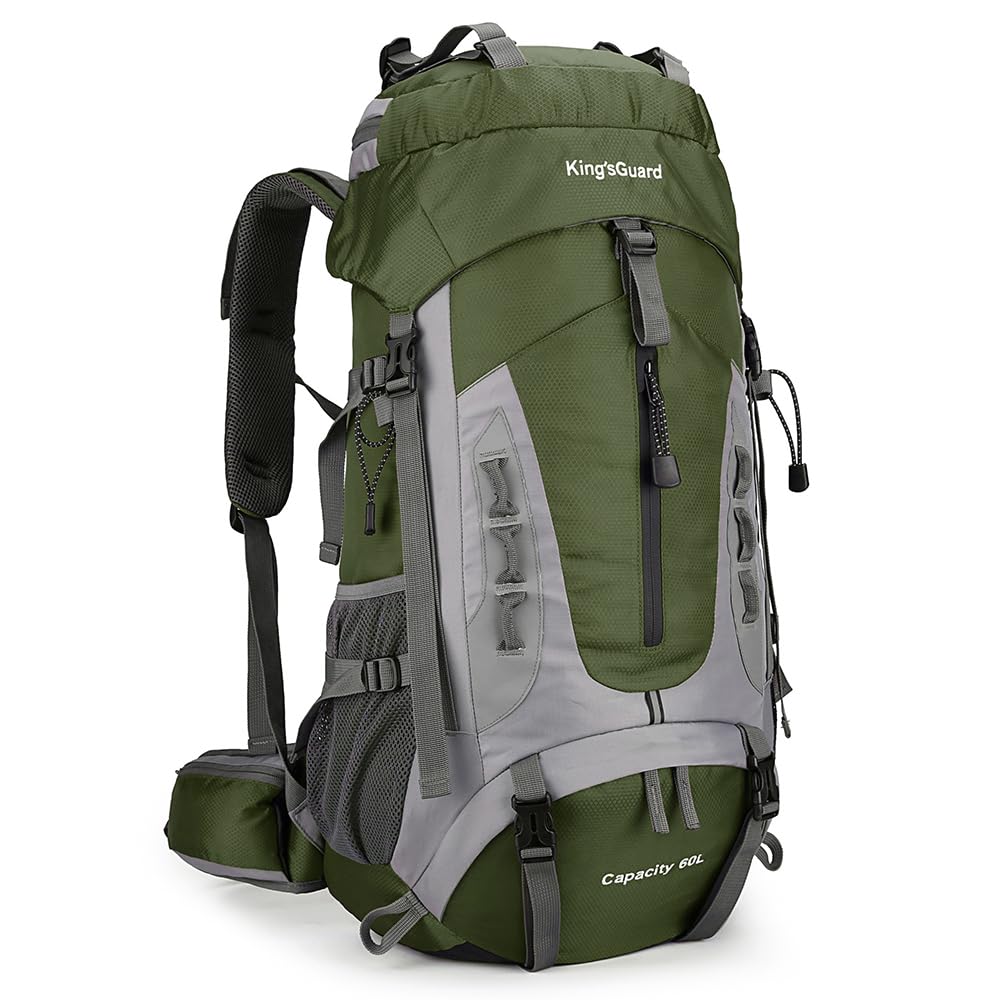 King'sGuard 60L Hiking Backpack Large Waterproof Camping Backpack for Men and Women Lightweight Frameless Backpacking Backpack with Rain Cover (Army Green)