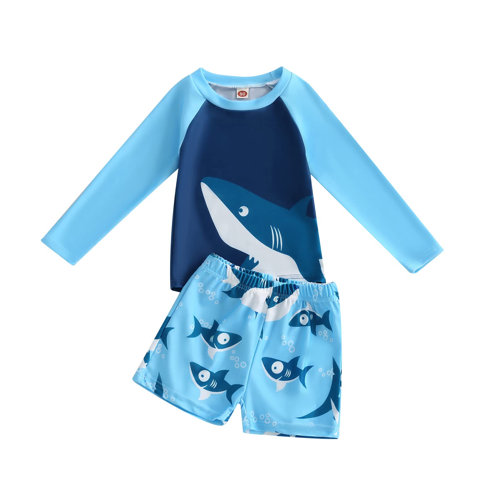 Carolilly Bañador para niño y niño, antirrayos UV, estampado de tiburones, pantalones cortos de baño + camiseta de natación de manga larga (2-7 años)