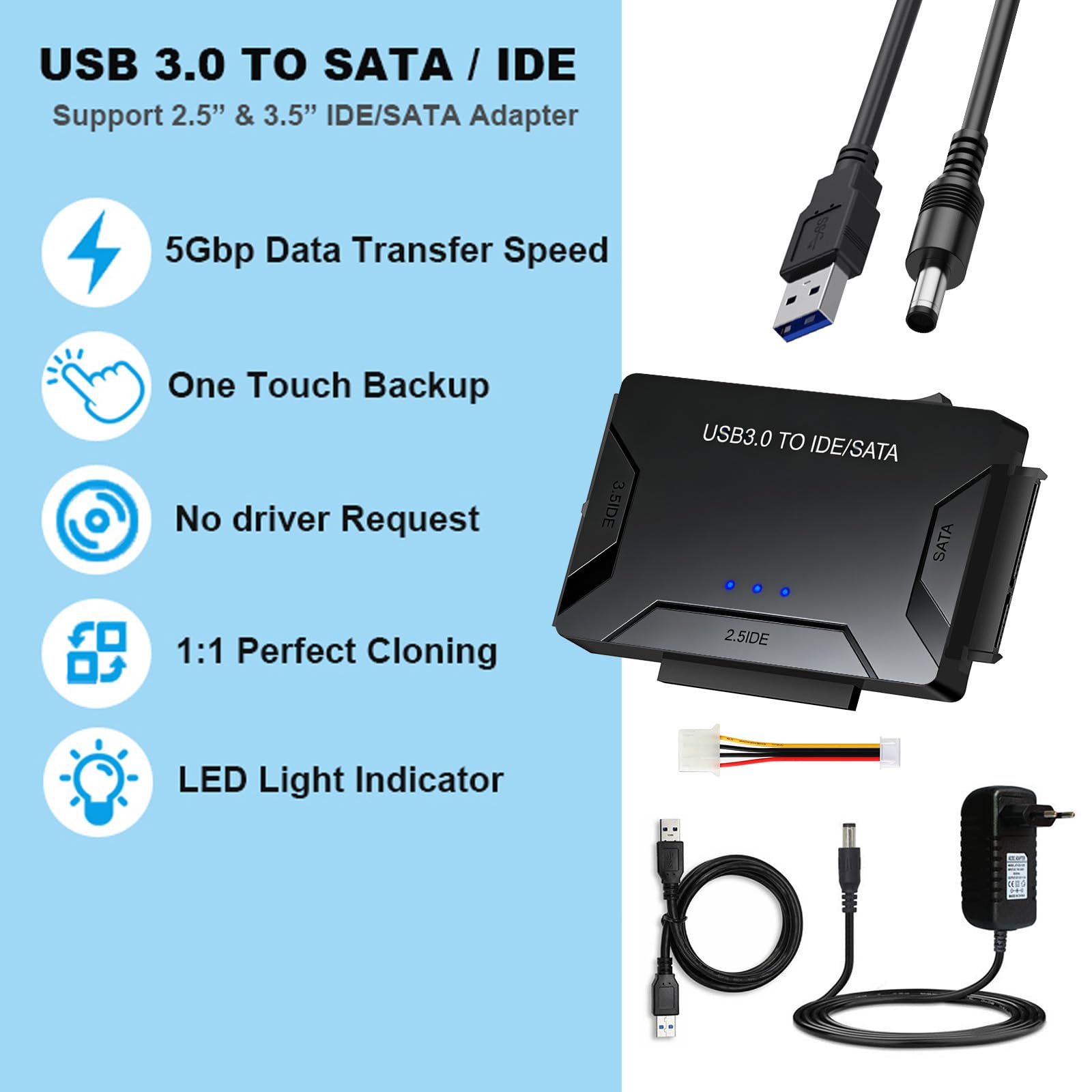 Leikurvo Adattatore USB 3.0 a SATA IDE per dischi rigidi SATA da 2,5/3,5 pollici, adattatore per disco rigido esterno con cavo USB+cavo SAT A+alimentatore da 12 V/2 A per Windows 10/8/7/XP/Mac