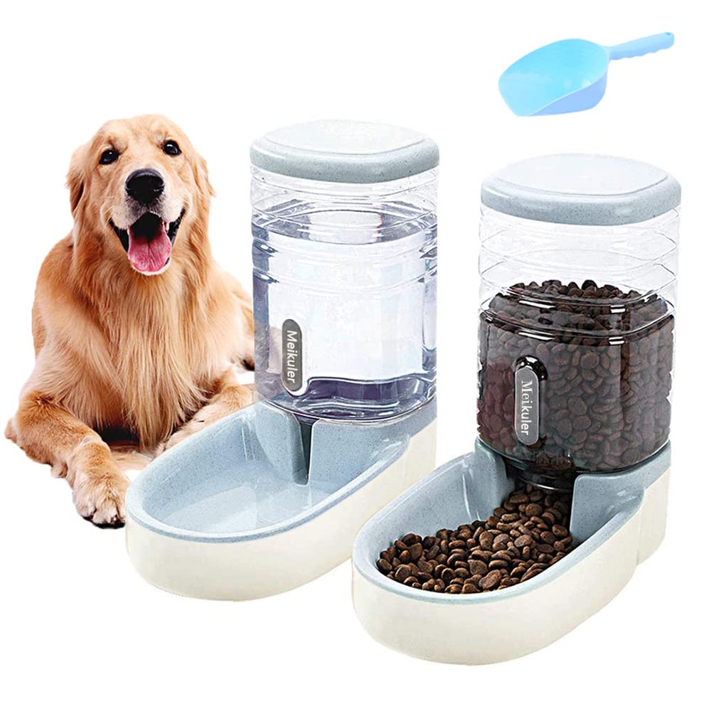 Meijeegu Comedero automático de 3,8 l con pala, dispensador de agua de 3,8 l, alimentador automático, dispensador de comida seca, para perros, gatos, mascotas (gris)