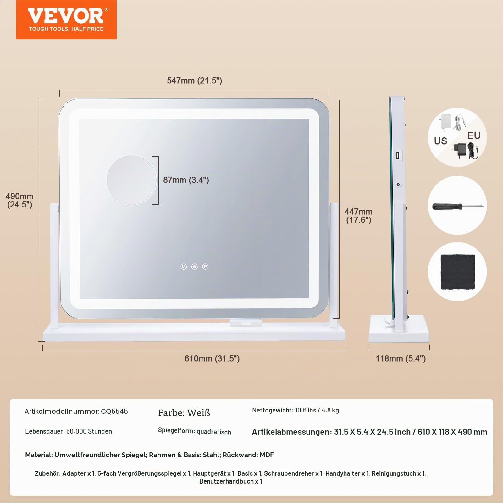 VEVOR Hollywood Schminkspiegel mit Beleuchtung, Kosmetikspiegel mit 3 Farbbeleuchtungsmodi, Schminkspiegel mit LEDs & 5-facher Vergrößerung, USB, Smart-Touch-Steuerung, 360°-Drehbar, 547x447mm