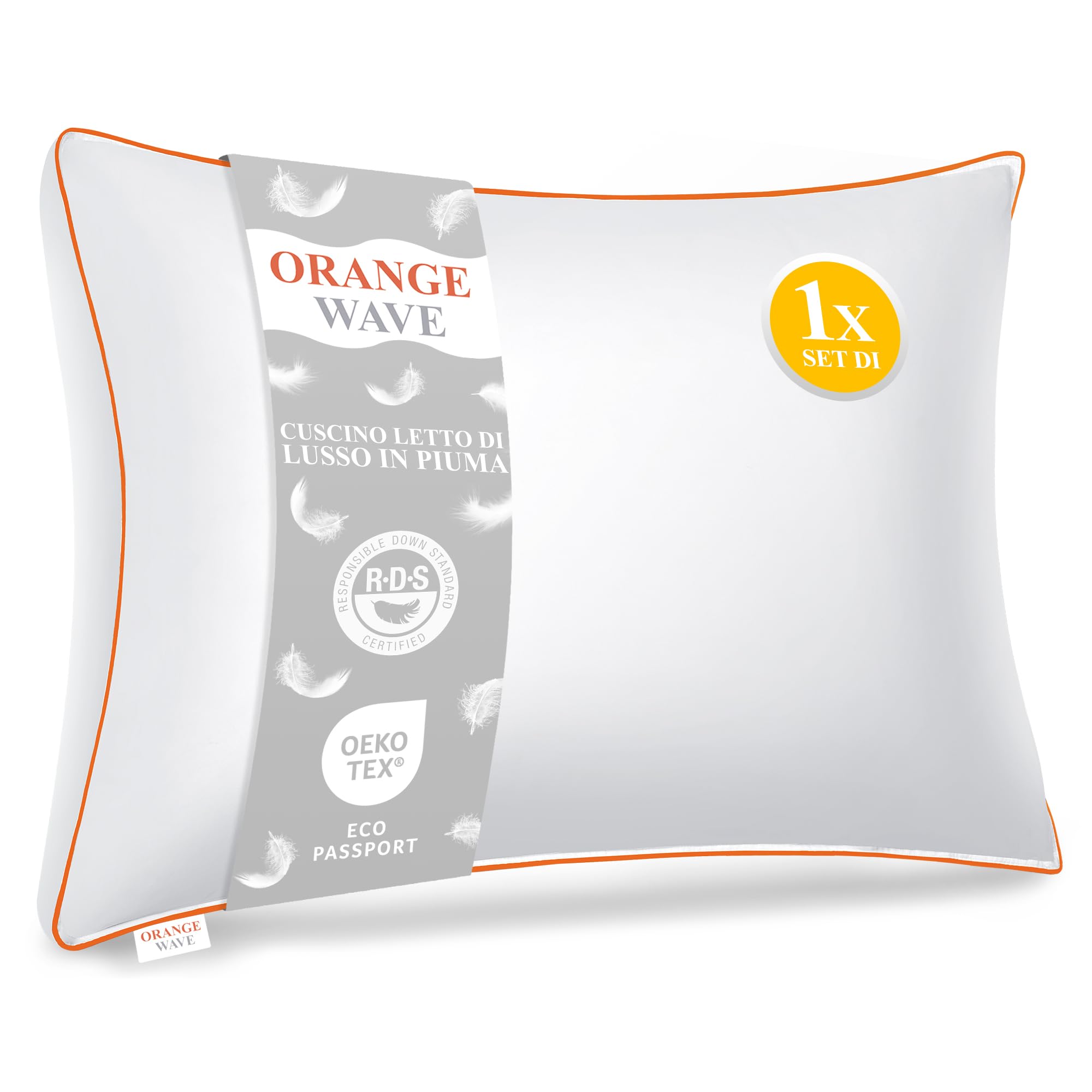 Orange Wave Cuscino Letto 40x80 cm in Piumino e Piuma – Certificato RDS & OEKO-TEX, Morbido,Lavabile– Comfort di Lusso per Tutte le Posizioni di Sonno