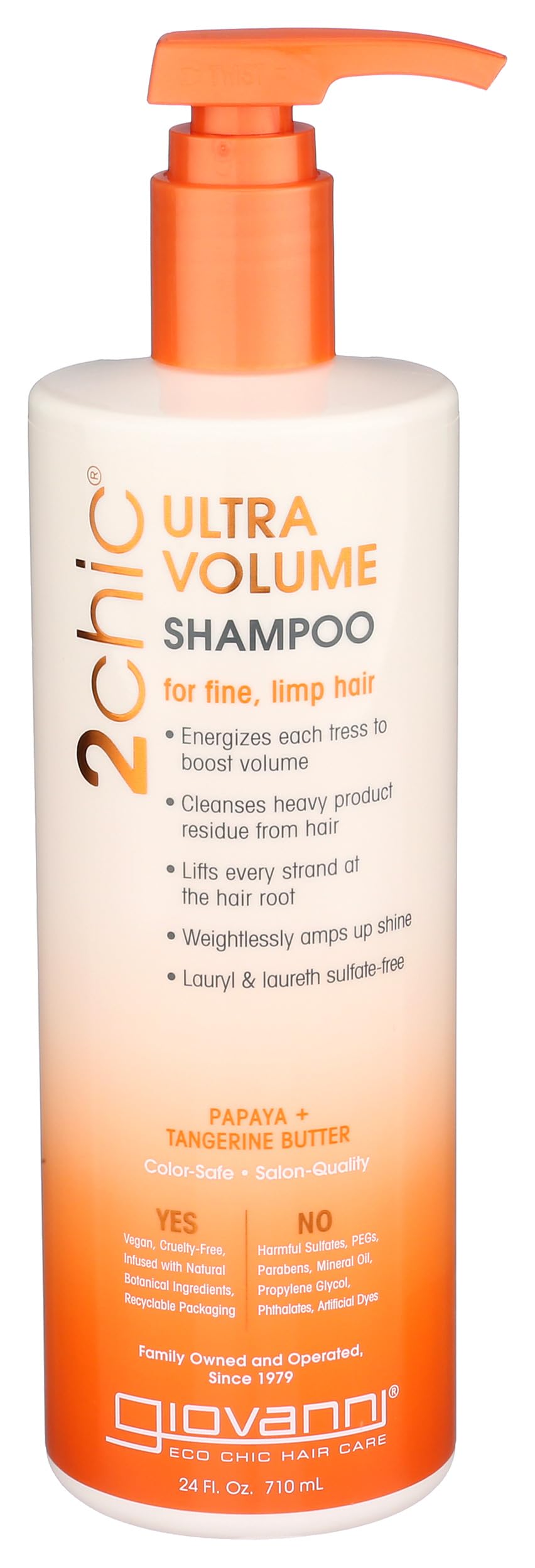 GIOVANNI 2chic Ultra-Volume Shampoo - Daily Volumizing Formula with Papaya & Tangerine Butter, Promotes Weightless Control for Fine Limp Thin Hair, No Parabens, Color Safe - 24 fl oz