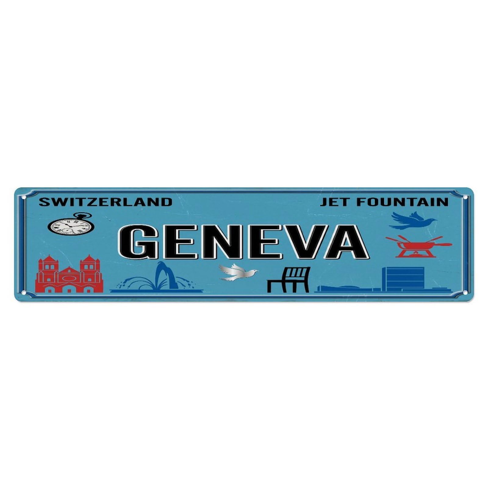 Metal Tin Sign Vintage Travel Geneva Switzerland Jet Fountain Watch