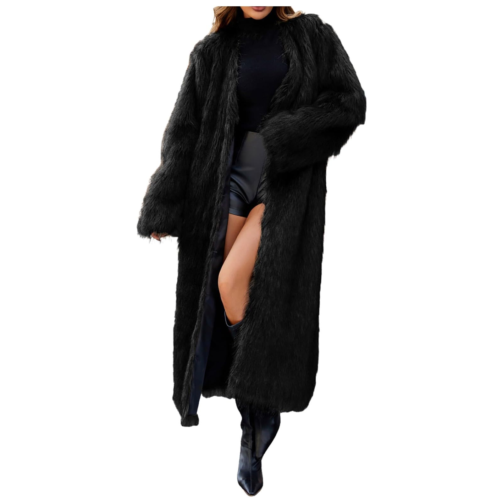 Fluffy Faux Fur Long Coats for Women Plus Size Long Sleeve Zipper Jacket Winter Warm Fuzzy Pockets Teddy Outerwears
