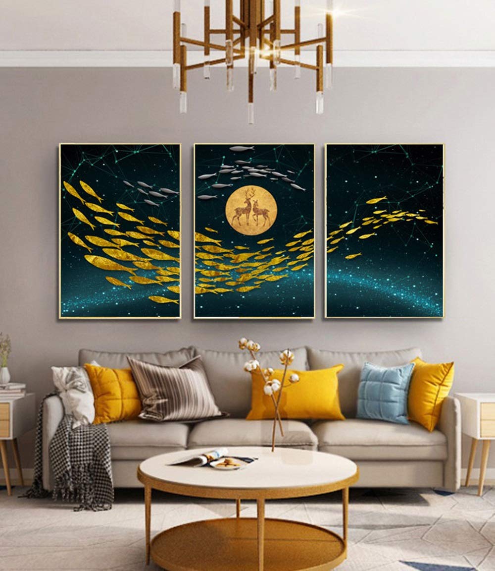 Classic Mural Simple modern light luxury surviving room bedroom golden abstract bird deer group background wall painting triplet decorative painting core Top Grade Mural (Size : M)