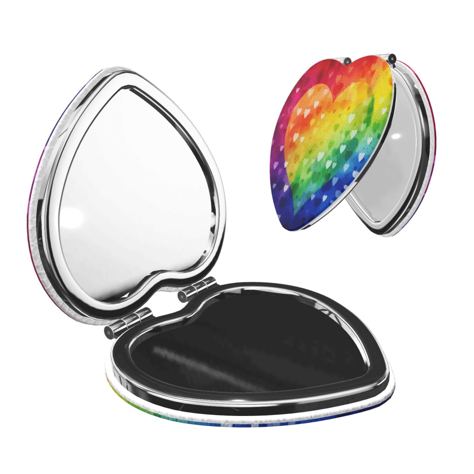 DWVTSLH Colorful Rainbow Love Heart Compact Mirror for Purse, Double-Sided 2X/1X Magnifying Mirror for Women Men, Travel Makeup Mirror for Handbag, Handheld Vanity Mirror for Gift
