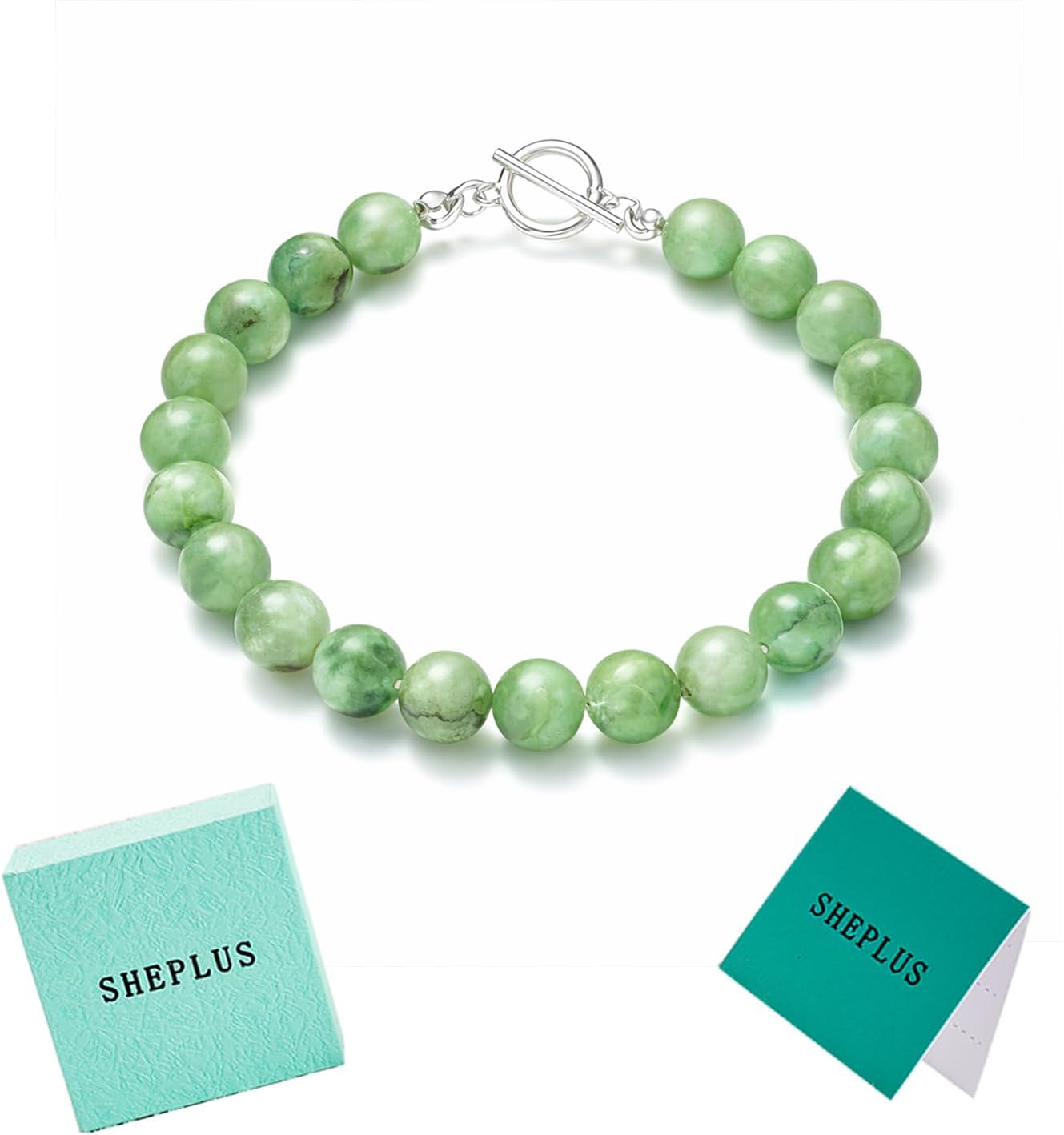 Sheplus Healing Gifts for Women - Sterling Silver Genuine Jade Beaded Bracelet Charm Real Green Crystal Jewelry for Valentine's Day