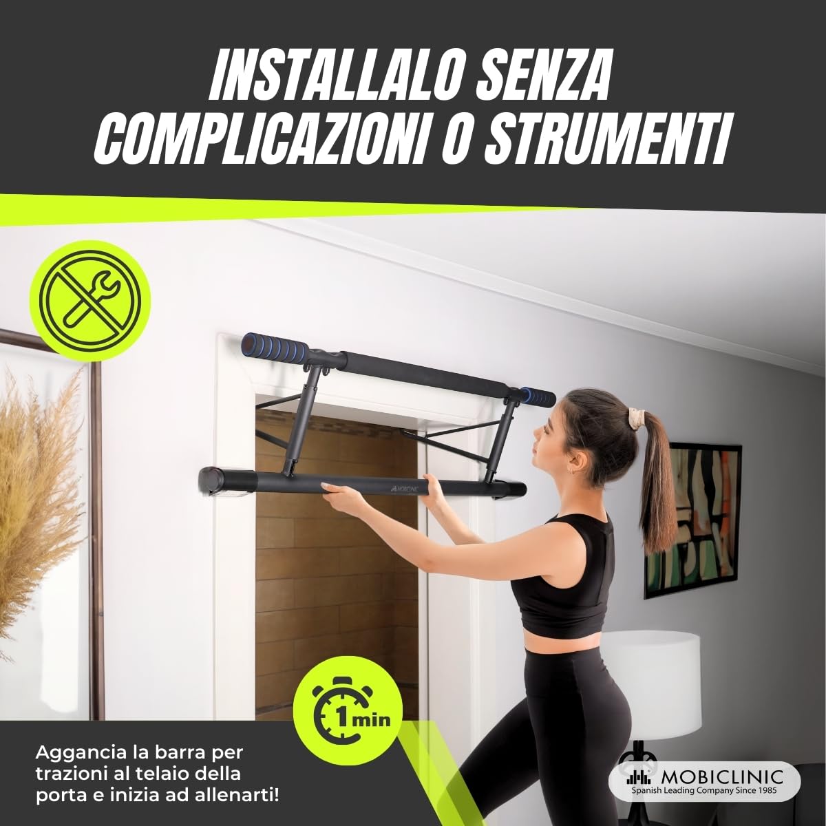 Mobiclinic®, Barra per trazioni sospese, Senza attrezzi, K5, Max. 200 kg, Con maniglie elastiche e antiscivolo in schiuma, Regolabile da 70 a 92 cm, Esercizio domestico, Facile riporre