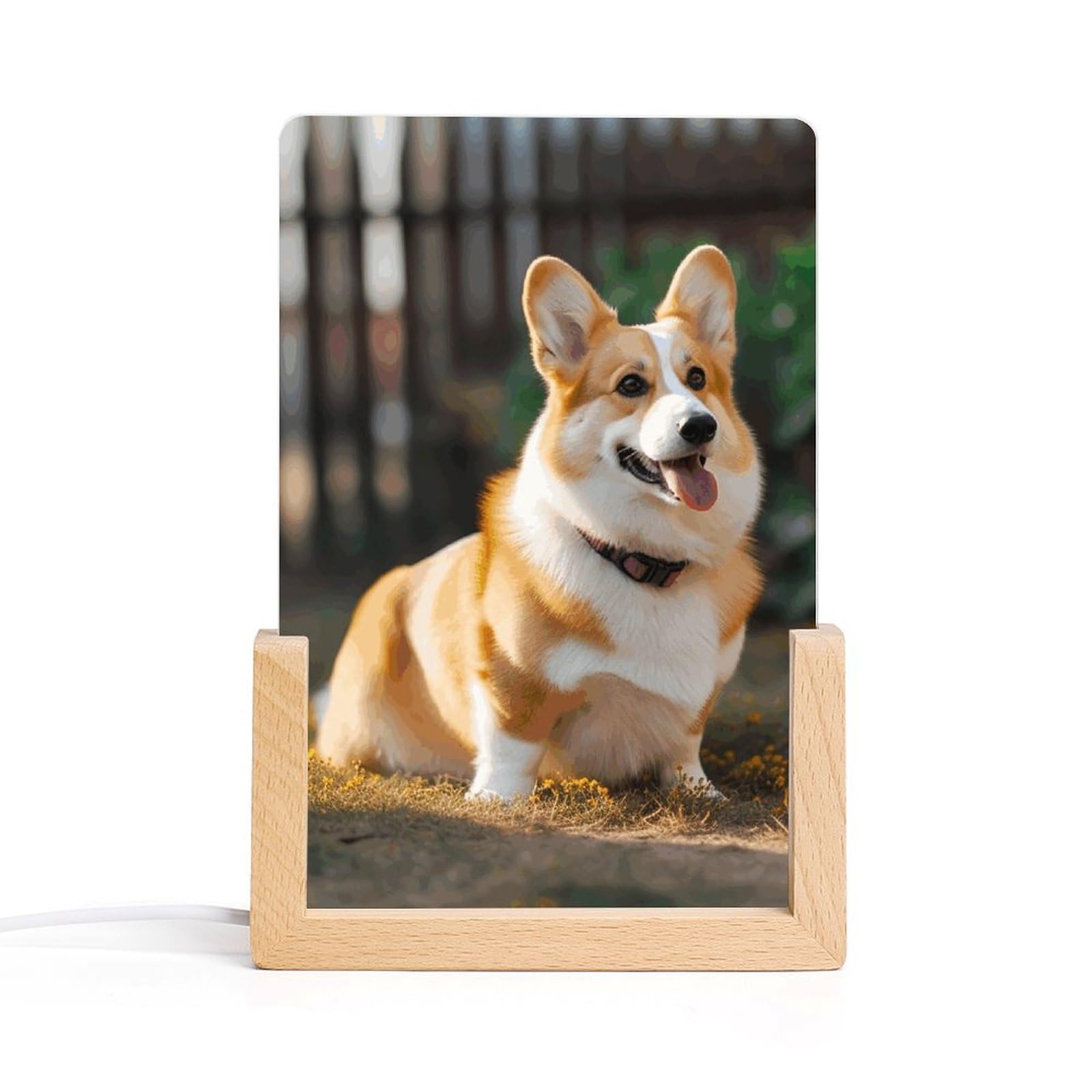 JTREHY Acrylic Night Light,Dog Corgi Printed Wooden Base LED Night Light Modern Home Decoration Light with USB Switch Cable for Bar Cafe Bedroom Room Decoration