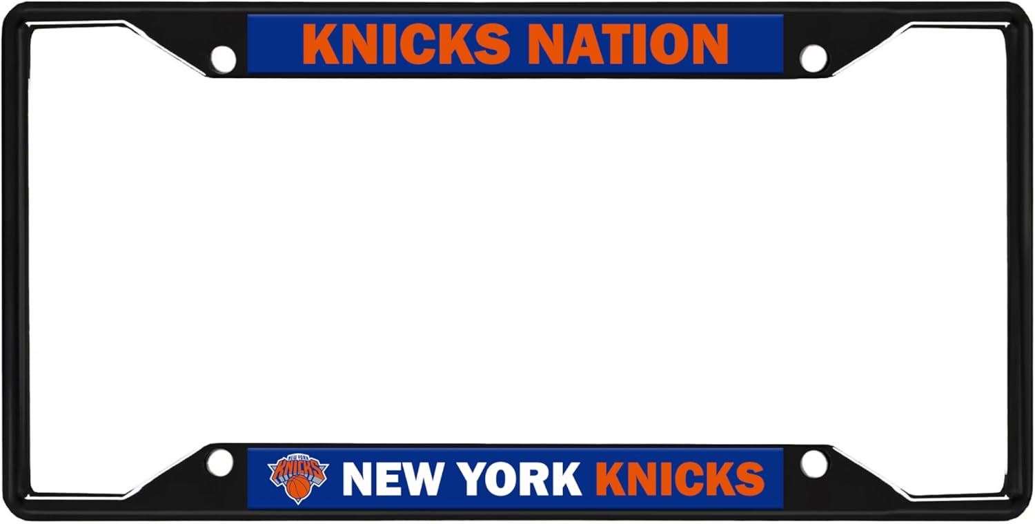 NBA Premium Long Lasting Black Metal Team License Plate Frame – 4 Screw Tag Holder with Highlighted Team Pride Cheer - Complement Any Color Truck, SUV, Car (New York Knicks)