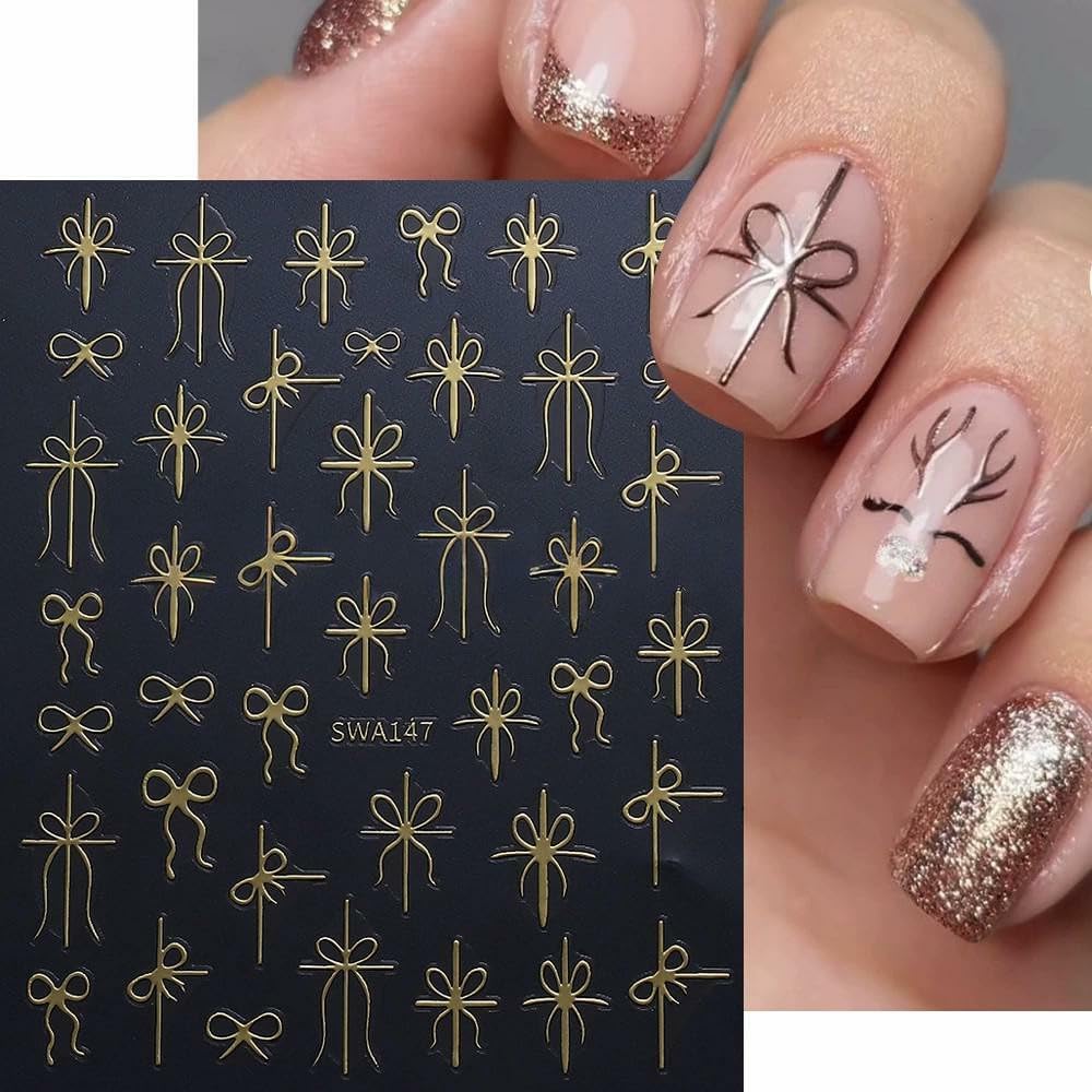 Christmas Nail Art Stickers Decals Christmas Gift Bow Nail Decals 6PCS Golden Green Red Ribbon 3D Self-Adhesive Nail Designs Holiday Nail Stickers Manicure Supply for Women DIY Nail Art Decorations image 4