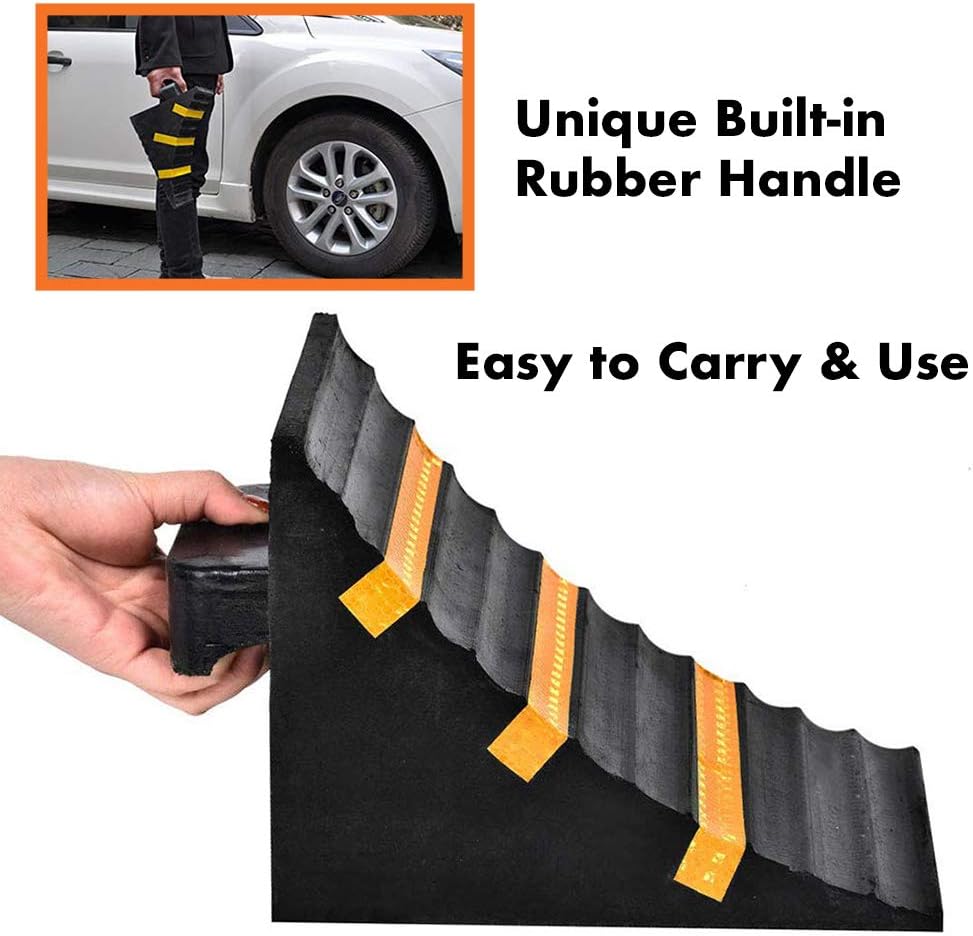 2 Pack Black Heavy Duty Extra Large Solid Rubber Wheel Chock with Portable Handle for Travel Trailer, Truck, Commercial Vehicle and RV, 9.5 Inches x 6 Inches x 7 Inches