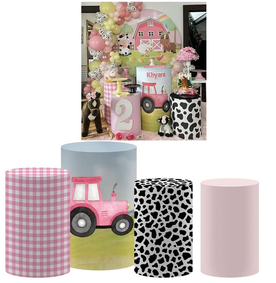 FiVan Farm Theme Pedestal Cover for Baby Birthday Shower Party Tablecloth Decorations Pink Plaids Cows Truck Cylinder Pillars Pattern Decor (H2725P,