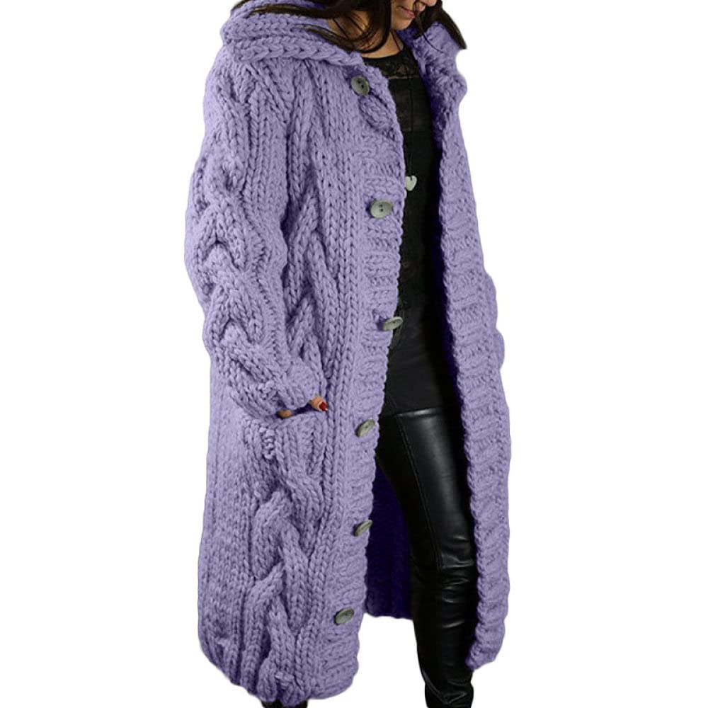 Cardigan Mujer,Sudadera Con Capucha Gruesa Para Mujer Cárdigans De Punto Moda De Talla Grande Púrpura Botón De Punto De Cable Manga Larga Suéteres Delanteros Abiertos Cárdigan Longitud De Otoñ