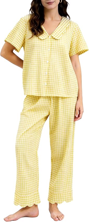 Yimoon Womens Gingham Pajamas Set 2 Piece Plaid Cotton Pjs Sets Peter Pan Collar Shirt Pants Cute Sleepwear
