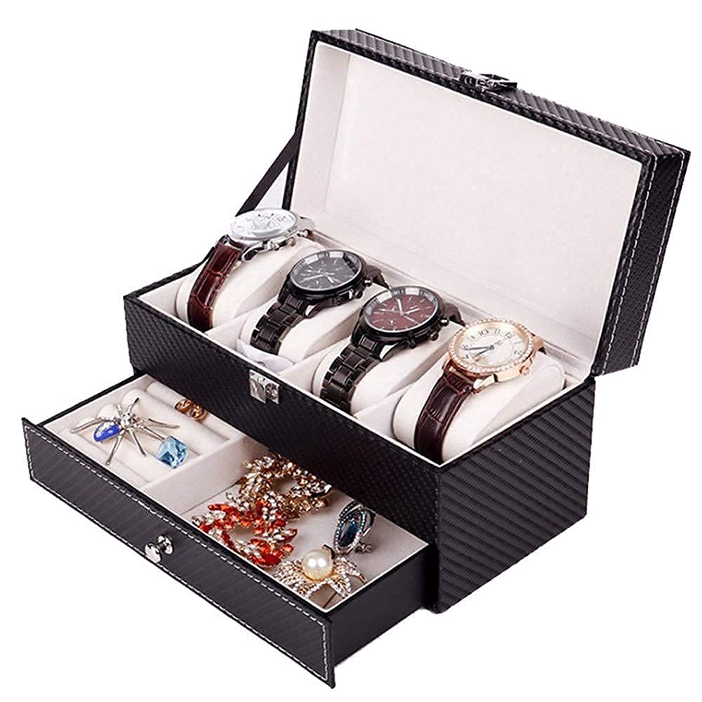 TIANQIHAO 4 Slot Watch Box Organiser Premium Jewelry And Wristwatch Display Case Carbon Fiber Design With Jewellery Drawer Black Wooden Watch Holder