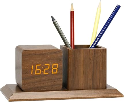ThreeH Wooden Alarm Clock with Pen Holder Desk Organizer Date Time Temperature Display 3 Alarm Settings Brightness Adjustable Brown