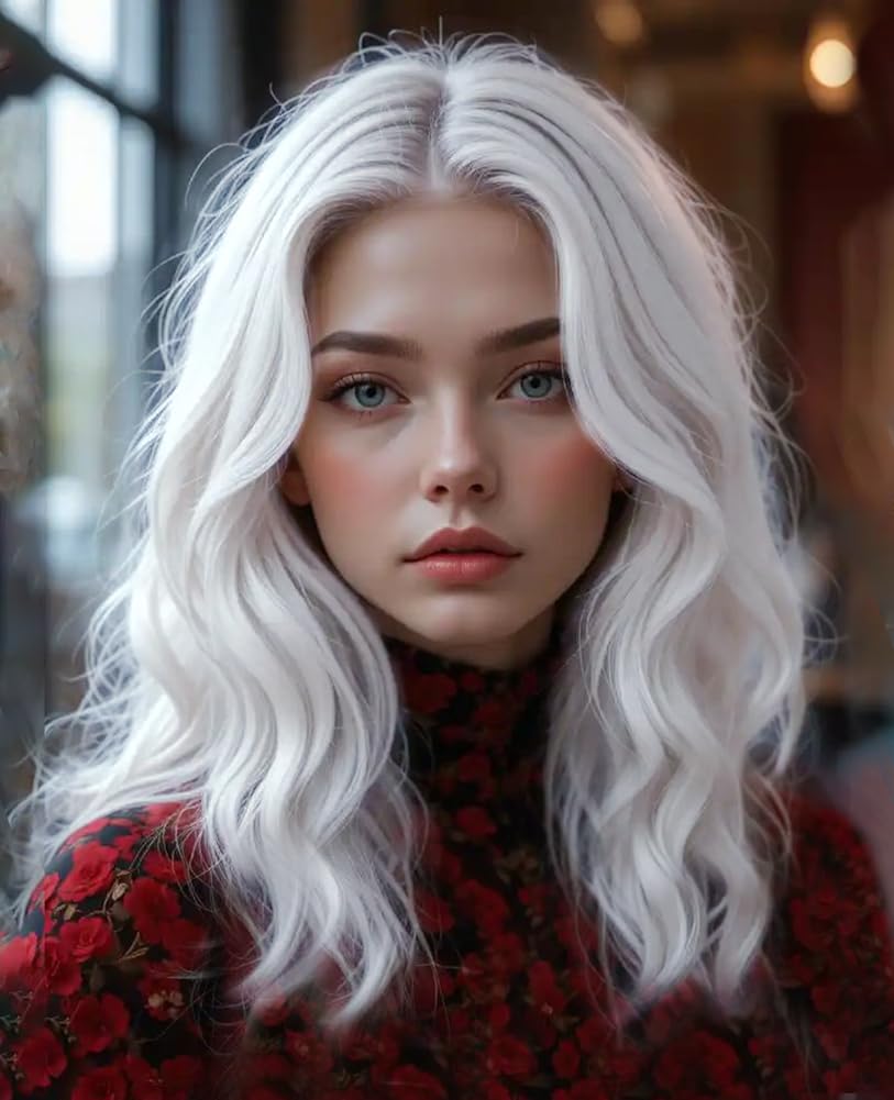PORSMEER White Wigs for Women Middle Part Short Curly Wavy Bob Wigs for Halloween Cosplay Party Use Heat Resistant Synthetic Hair Wig
