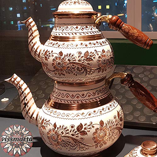 Vintage Copper Turkish Teapot Tea Kettle Pots Set for Stovetop Stove Top Decorative Antique - for Serving Drinking Housewarming Party Kitchen Birthday Gift Women Centerpiece Floral Home Decor Display
