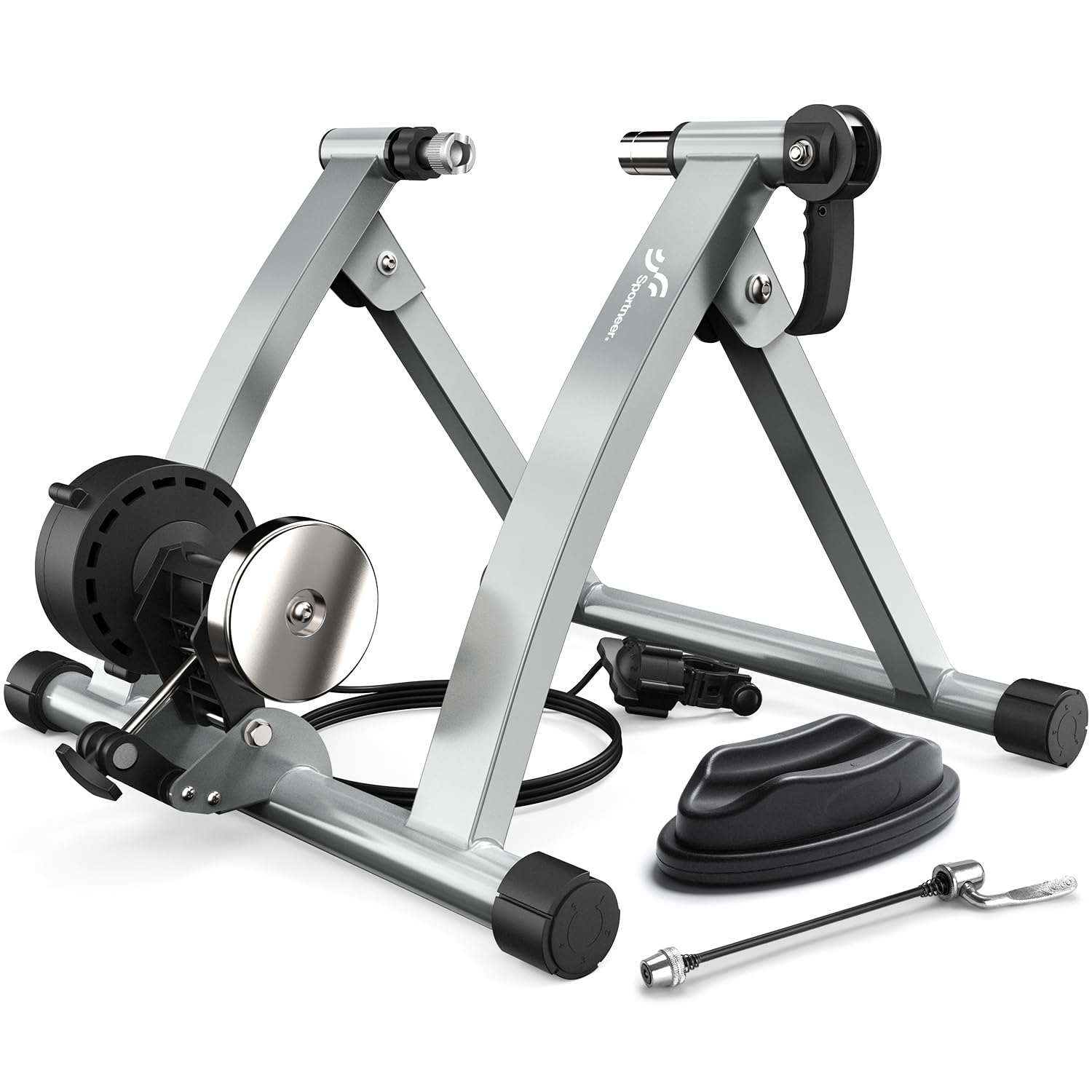 Sportneer Bike Trainer - Magnetic Stationary Bike Stand for 26-28" & 700C Wheels - Adjustable 6 Level Resistance Bike Trainer Stand for Indoor Riding with Quick Release Lever & Front Wheel Riser Block